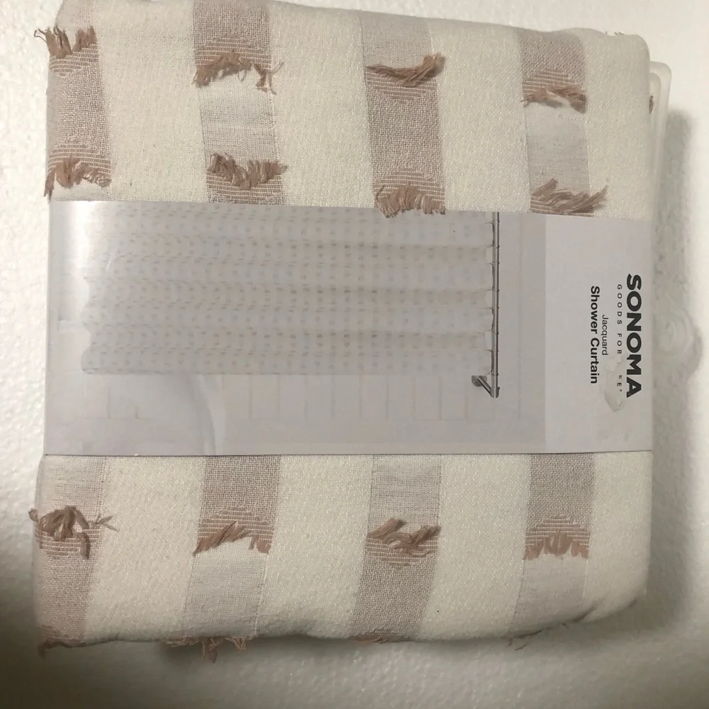 Sonoma Cream and Tan Striped With Frayed Edges Textured Shower Curtain